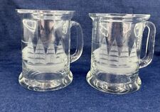 Pair Of Vintage Nautical Beer Mugs Finely Etched SailBoat Glass Coffee Cup picture