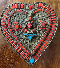 Antique Jewelry Trinket Box Tibetan Buddha Heart Brass Coral & Turquoise picture