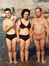 1994 Two Handsome Men Trunks Bulge and Beautiful Woman Vintage Photo picture