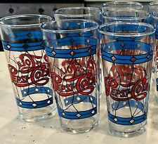 Vintage Pepsi-Cola, Tiffany Style 12 oz tumblers, clear with red & blue design. picture