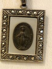 Vintage Blessed Virgin Mother Mary Sterling Silver Medal With Marcasites picture