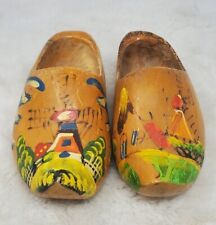 Lot Of 2 Vintage Wooden Dutch Clogs Hand Carved Painted Windmill Holland 1957 picture