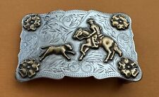 Vintage Antique Ricardo Solid Sterling Silver Cutting Horse & Calf Belt Buckle picture
