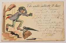 1905 The Writer Intends To Leave Vtg Postcard Man Chased Out Door With Broom picture