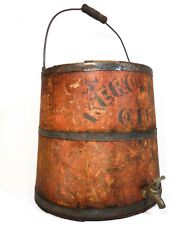 MID-LATE 19TH C RED PNTD/STENCILED STAVED WOOD KEROSENE OIL BUCKET W/WIRE HANDLE picture