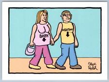 1980's COUPLE WEARING BABY & VASECTOMY T-SHIRTS*STEVE HOLST POSTCARD HUMOR picture