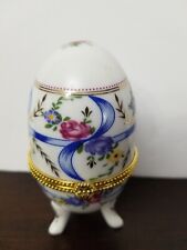 Vtg Porcelain Egg Shaped Trinket Box Hinged Lid Spring Floral Gold Trim  picture
