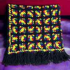 Vintage Crochet Black Rainbow Granny Square Fringe Afghan Throw Blanket 62 X 58 picture