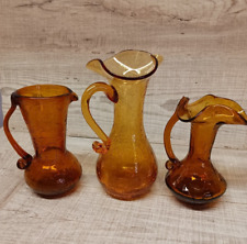 Vintage Lot 3pc Crackle Amber Glass Vase Creamer w/Handles picture