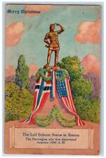 Christmas Postcard The Leif Erikson Statue In Boston c1910's Unposted Antique picture