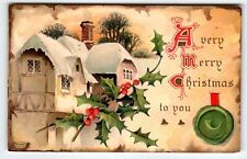 Snow Covered Village Christmas Postcard Vintage Embossed 1913 Davidson Bros picture