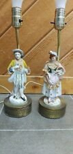 Pair of Vintage Porcelain Boudoir Lamps Victorian Lady and Gentleman Brass Base picture