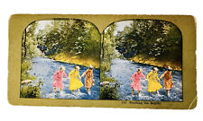 Antique Stereograph Stereoview Card 5SHOOTING THE RAPIDS #150 Girls Wading Creek picture