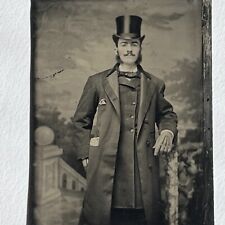 Antique Tintype Photograph Handsome Very Dapper Man Top Hat Coat Mustache picture