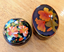Vintage Set Of 2 Black Wood Floral Laquer Trinket Boxes Hand Painted jewelry box picture