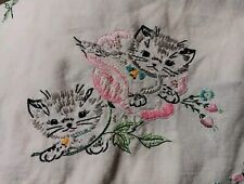 Vintage oatmeal floral  hand embroidered linen dresser scarf Kittens 15 x 38.5