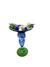Vintage Hand Blow Glass Pedestal Candle Holder Blue/Green w/Flowers 9