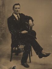 Antique Tintype Photo Young Man Seated in Unique Interesting Chair Photograph picture