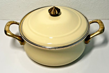 Vintage Cream Gold Enamel Pot Lid Brass Hardware Heavy Cookware Oven to Table picture