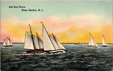 Vtg 1940's Sail Boat Races Stone Harbor New Jersey NJ Linen Postcard picture