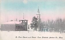 Delafield Township Minnesota~St Petri Church & School in Snow~Houses~1910 PC picture