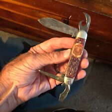 1946-1956  Imperial Prov USA Boy Scout CARVED FACE 4-Bld  Pocket Knife w/ BAIL picture