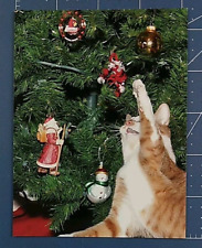 Postcard Cat Reaching for Ornament on Christmas Tree 5.5