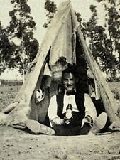 AhB) Found Photo Photograph Happy Man Drinking Beer In Teepee Tent Weird Odd picture
