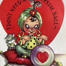 Vintage Valentines Day Greeting Card Fortune Teller Crystal Ball Cat Kitten picture