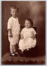 Boy And Girl Studio Portrait, Children, Antique, Vintage Sepia Photograph picture