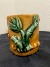 Vintage Ceramic Bamboo Planter Brown Glazed Embossed Small Succulent Pot Marked picture