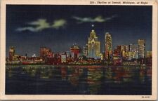 Vintage 1938 DETROIT Michigan Postcard Skyline View at Night / Curteich Linen picture