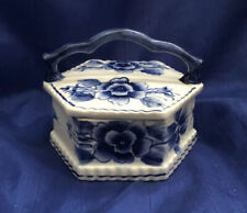 Blue And White Ceramic Floral Trinket Dish w Handle Hexagon Shaped Thailand VTG picture