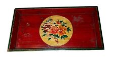 Asian / Chinese antique red green lacquer peony wood serving tray 26” picture