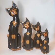 4 Vintage Hand Carved Distressed Wood Folk Art Cat Statues Mom & Kittens picture