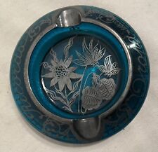 Vintage Cigar Ashtray Silver Overlay RICODA ROPA Teal Glass picture