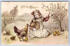 1908 Fröhliche Ostern HAPPY EASTER GIRL CHICKENS EMBOSSED GOLD TRIM POSTCARD picture
