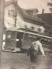 Old Snapshot Photo Trolley Street Car Downtown People Walking  picture