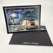 1 Lang Linen Christmas Card EVENING FROST Horse Drawn Sleigh Covered Bridge+Env. picture