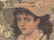 1880's DUBUQUE, IOWA, NORWEGIAN PLOW CO.TRADE CARD, PRETTY LADY IN LG HAT  V187 picture