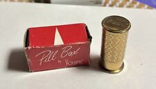 Vintage Volupte USA Cylinder Pill Box Gold Tone Etched In Original Box Unused picture