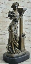 Bronze Sculpture Heavy 19 LBS Sexy Woman Next to a Pilllar Holding Flower Statue picture