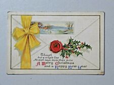 Vintage Embossed A Merry Christmas Postcard Winter Scene Yellow Ribbon Used 7820 picture