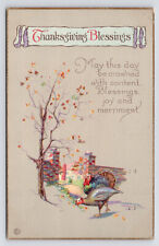 c1920s~Thanksgiving Blessings Turkeys in Yard~Antique Postcard picture