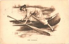 A Beautiful Drawing of A Woman Hopping On Her Canoe, Canoeing Postcard picture