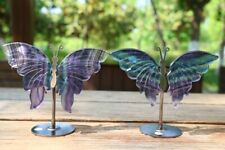 A pair Natural 5.2'' Fluorite Butterfly Wing Reiki Crystal Skull Decor + Stand picture