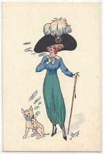1911 Artist Signed Beautiful Woman w/ Bulldog Smoking Pipe - Exaggerated Hat picture