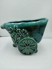 Vintage Hull Planter Green Drip Glaze Flower Cart Wagon Succulent/Plant USA picture