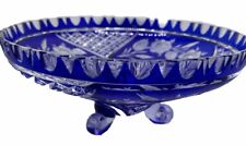 Vintage Czech Bohemian Crystal Bowl Pedestal Cobalt Blue, Cut Clear Rare 10.5” picture