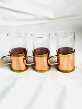 Vintage Beucler Brass Copper Glass European Coffee Espresso Mugs Set 3 1970s MCM picture